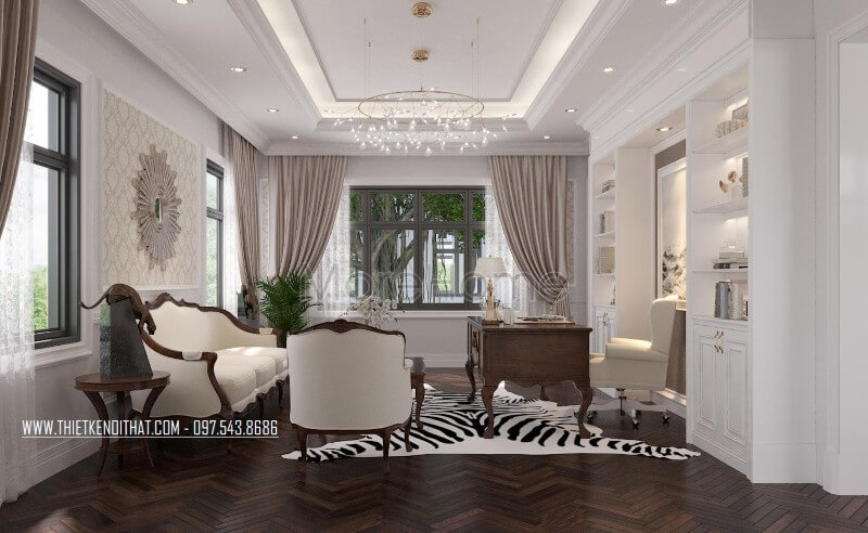 Trang trí nội thất biệt thự với bộ sofa gỗ óc chó bọc vải màu trắng sữa cao cấp tân cổ điển thiết kế biệt thự