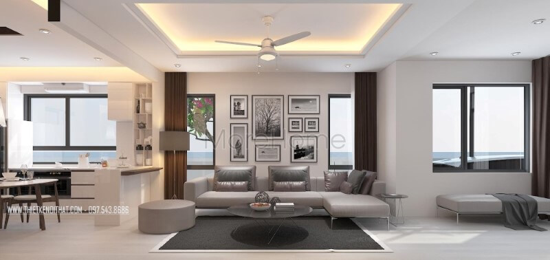 Phòng khách hiện đại, độc đáo với ý tưởng bố trí tranh treo tường làm điểm nhấn kết hợp cùng sofa góc hiện đại tạo nên nét độc đáo, sang trọng. Thiết kế biệt thự