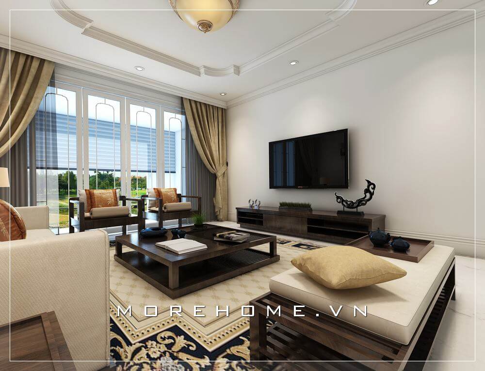 Trang trí không gian nội thất gỗ tự nhiên cho phòng khách nhà phố hiện đại, sang trọng. Thiết kế biệt thự