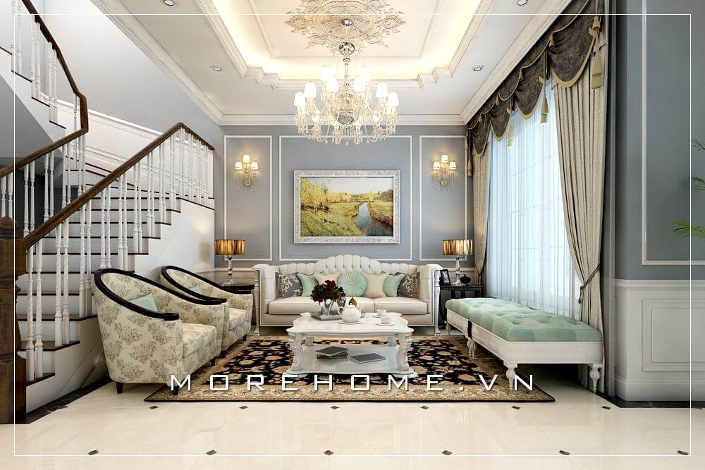 Bố trí nội thất phòng khách tân cổ điển đẹp, sang trọng cho không gian nhà phố Thiết kế biệt thự