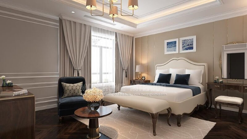 Bố trí nội thất phòng ngủ tân cổ điển đẹp, sang trọng nổi bật với sắc trắng điểm nhấn từ bộ đôn, giường bọc nệm gỗ óc chó tự nhiên. thiết kế biệt thự