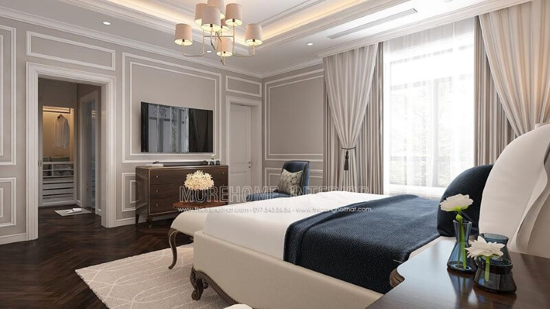 Bố trí nội thất phòng ngủ tân cổ điển có tủ quần áo đối diện giường ngủ khoa học, phong thủy. thiết kế biệt thự