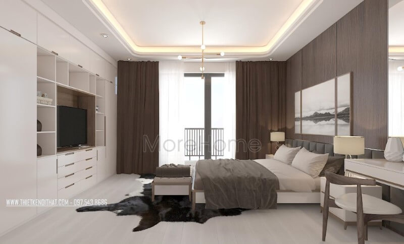 Trang trí nội thất phòng ngủ master hiện đại đẹp và thông thoáng với cửa kính chiếm trọn mảng tường để bạn có thể tận hưởng cảm giác tuyệt vời từ thiên nhiên. thiết kế biệt thự