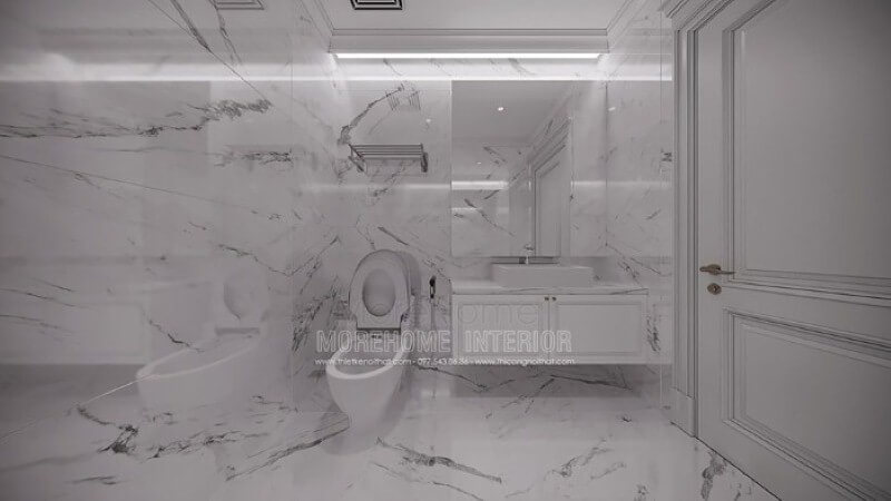 Sắp xếp phòng vệ sinh nhỏ đẹp ấn tượng với đá lát nền, ốp tường đồng bộ tạo nên sự độc đáo, mới lạ cho không gian. thiết kế biệt thự