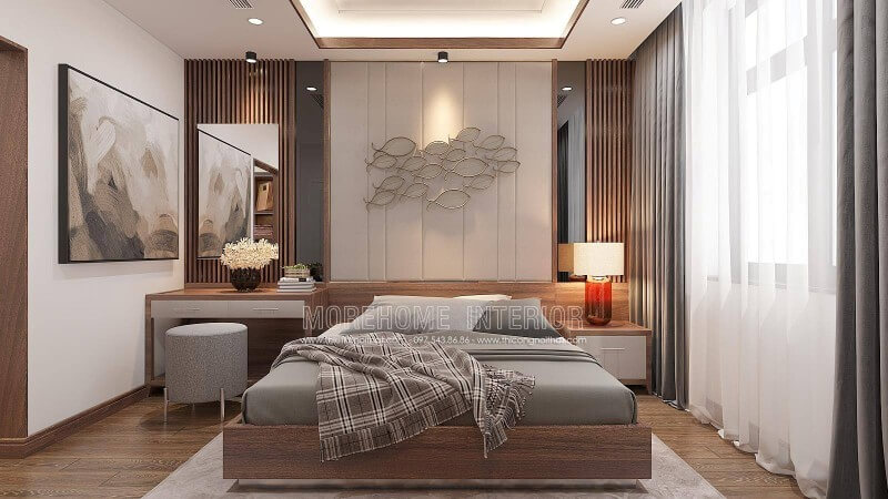Nếu bạn đang tham khảo mẫu phòng ngủ nam tính đẹp, sang trọng thì ý tưởng bố trí nội thất phòng ngủ sử dụng chất liệu gỗ óc chó Nam Cường cùng cách trang trí đẹp, khoa học từ giường, tab, tấm ốp đầu giường sẽ là gợi ý độc đáo. Thiết kế biệt thự
