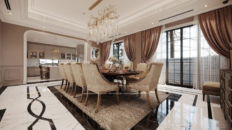 Thiết kế nội thất phòng ăn liền bếp phong cách đương đại đẹp, sang trọng. Thiết kế biệt thự
