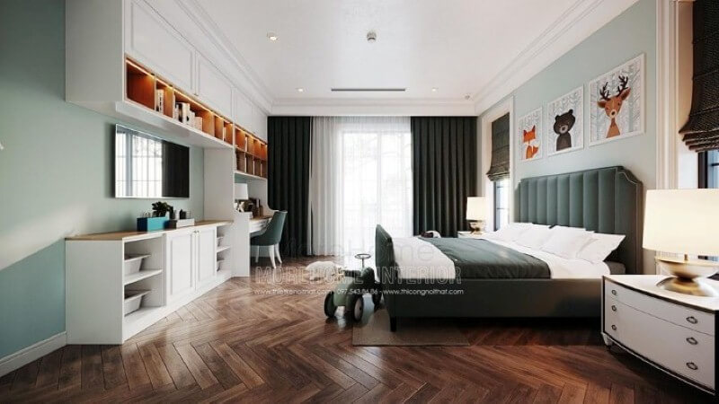 Bàn học liền kệ tivi, kệ trang trí đẹp cho phòng con. thiết kế biệt thự