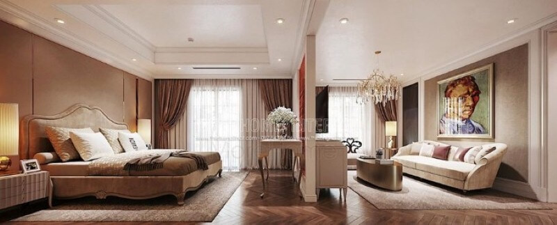 Thiết kế nội thất phòng ngủ master ấn tượng với sự phân tách thành phòng ngủ và phòng giải trí nhưng vẫn tạo nên sự thông thoáng, sang trọng. thiết kế biệt thự