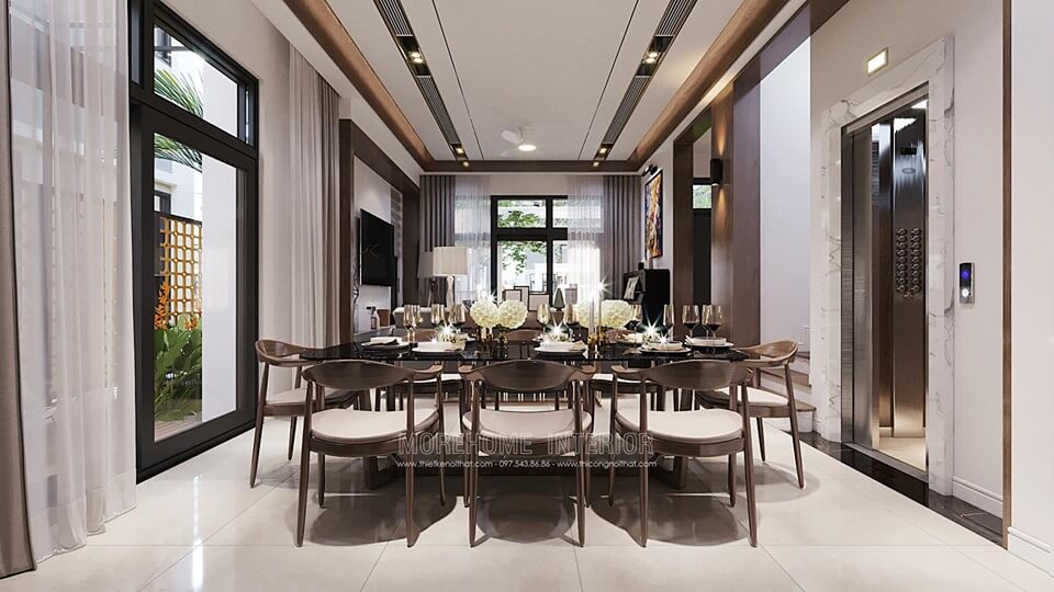 Bộ bàn ăn 6 ghế gỗ óc chó đẹp, hiện đại đắt tiền cho nhà biệt thự Starlake Tây Hồ Hà Nội thiết kế biệt thự