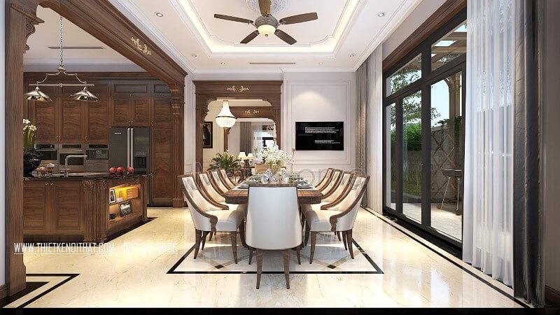 Bộ bàn ăn 10 ghế gỗ óc chó bọc da đẹp đẳng cấp cho nhà biệt thự Vinhomes Greenbay Hà Nội thiết kế biệt thự