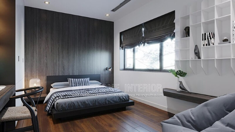 Điểm nhấn tường phòng ngủ độc đáo, sang trọng với gỗ ốp tường cao cấp. thiết kế biệt thự