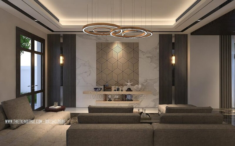 Trang trí phòng khách hiện đại ấn tượng với đá ốp tường cao cấp cùng họa tiết 3D độc đáo. thiết kế biệt thự