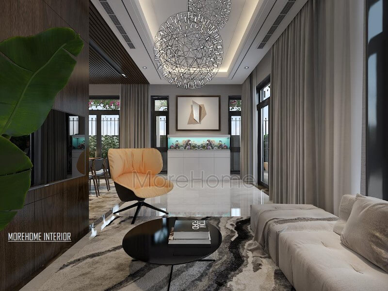 Trang trí nội thất phòng khách hiện đại độc đáo với bể cá phong thủy. thiết kế biệt thự