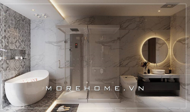 Mẫu thiết kế phòng tắm hiện đại với nội thất kết hợp thiết bị vệ sinh cao cấp, sử dụng đá tự nhiên vân mây ốp tường cuốn hút mọi ánh nhìn thiết kế biệt thự