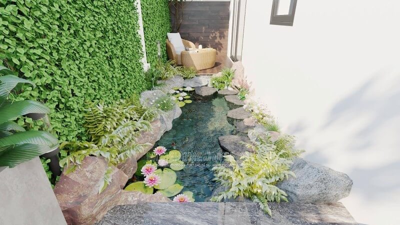 Bạn sở hữu căn biệt thự phố, bạn đang muốn tham khảo ý tưởng bố trí tiểu cảnh bên hông nhà, Morehome xin giới thiệu mẫu thiết kế biệt thự với khuôn viên nhỏ để bạn ngồi đọc sách, tận hưởng cảm giác thanh mát từ làn nước trong lành cùng sức sống tuyệt vời từ những bông sen đang vươn mình, chạm vào những phiến lá xanh mềm mại.