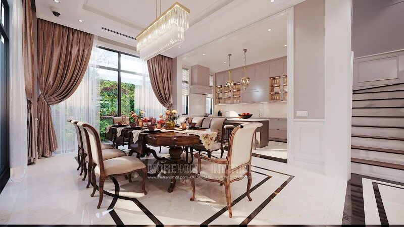 Thiết kế phòng ăn gỗ óc chó nhập khẩu cao cấp cho biệt thự Ciputra Tây Hồ Hà Nội thiết kế biệt thự