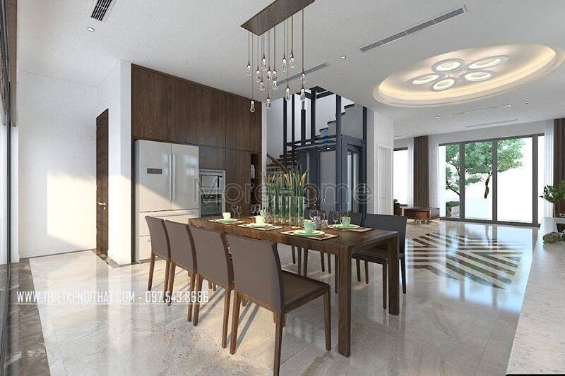 Thiết kế phòng ăn biệt thự sang trọng với bộ bàn ăn gỗ tự nhiên tạo điểm nhấn nổi bật cho không gian thiết kế biệt thự