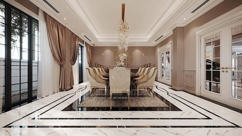Thiết kế phòng ăn biệt thự ấn tượng với bộ bàn ăn gỗ tự nhiên tạo điểm nhấn nổi bật, cuốn hút mọi ánh nhìn Thiết kế biệt thự