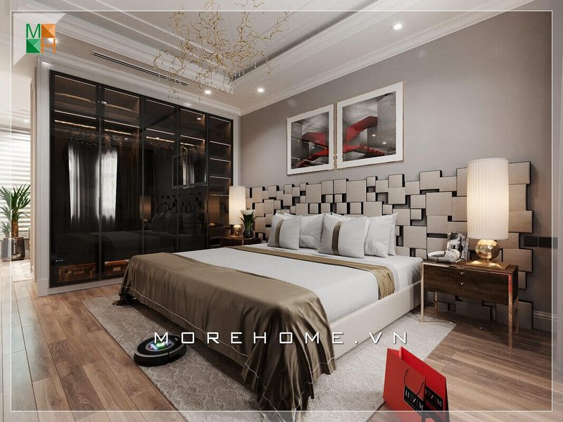 Hai bức tranh canvas họa tiết nghệ thuật được đặt lên đầu giường, tạo nên một bức ảnh sáng cho căn phòng ngủ hiện đại của chung cư.