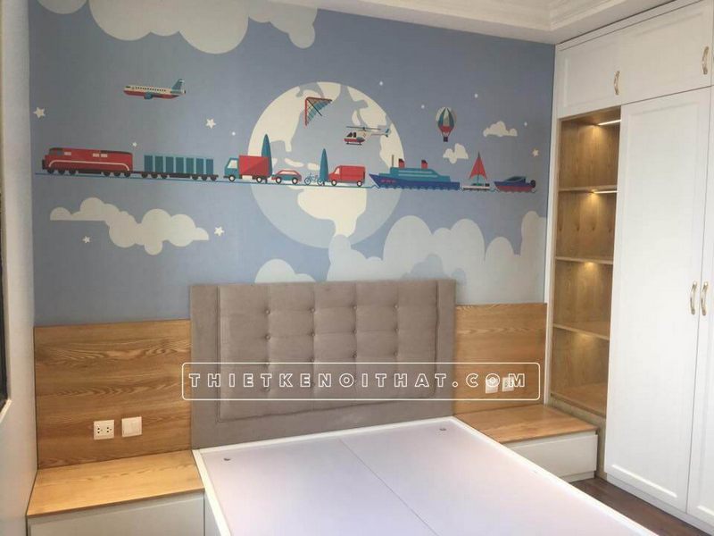 Giường ngủ công nghiệp gỗ đầu giường bọc bằng vải là sự lựa chọn tuyệt vời để trang trí phòng ngủ của bé.
